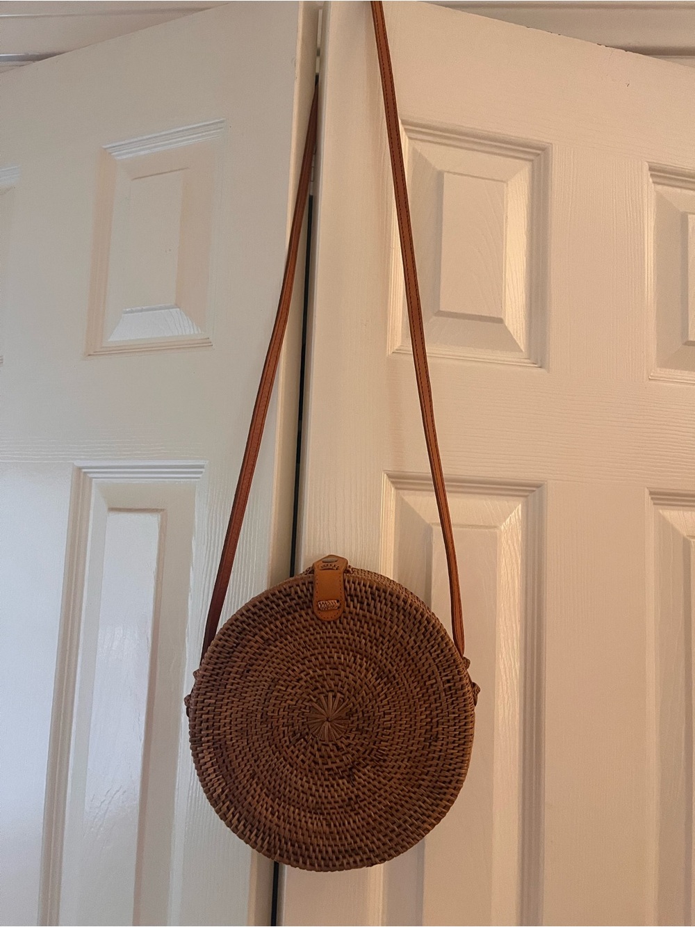 Round Woven Crossbody in Brown with Tan Leather Strap
